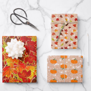 Glittery Maple Leaves in the Fall/Autumn, Pumpkin Wrapping Paper Sheet