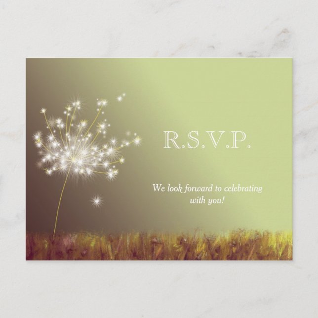 Glittery Meadow Dandelions Wedding RSVP Invitation Postcard (Front)
