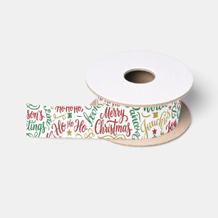 Glittery Merry Christmas and Joy Typography Satin Ribbon