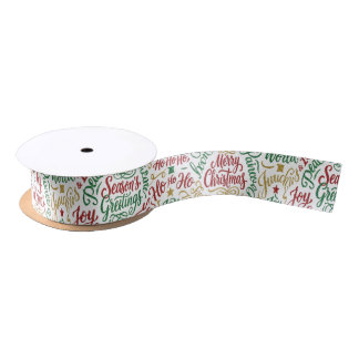 Glittery Merry Christmas and Joy Typography Satin Ribbon