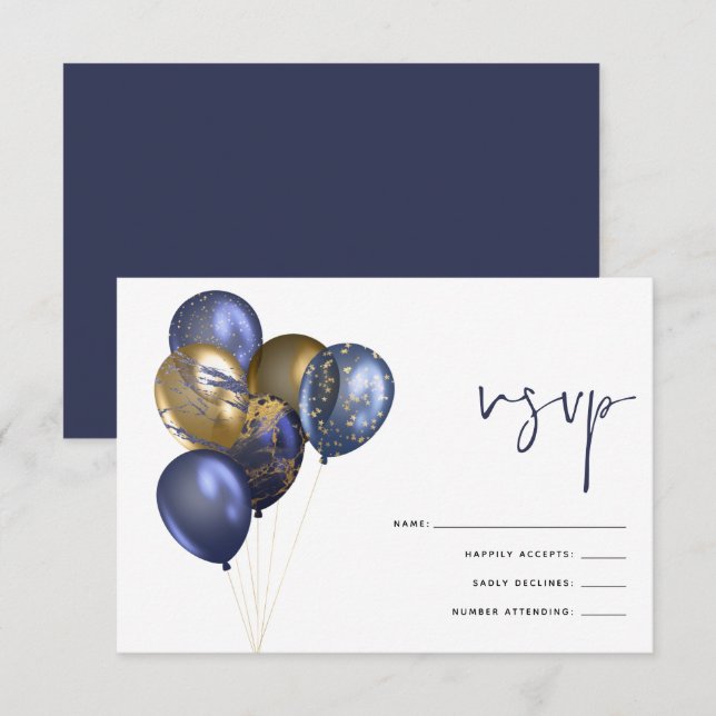 Glittery Navy Gold Balloon 60th Birthday Party RSVP Card (Front/Back)