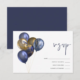 Glittery Navy Gold Balloon 60th Birthday Party RSVP Card