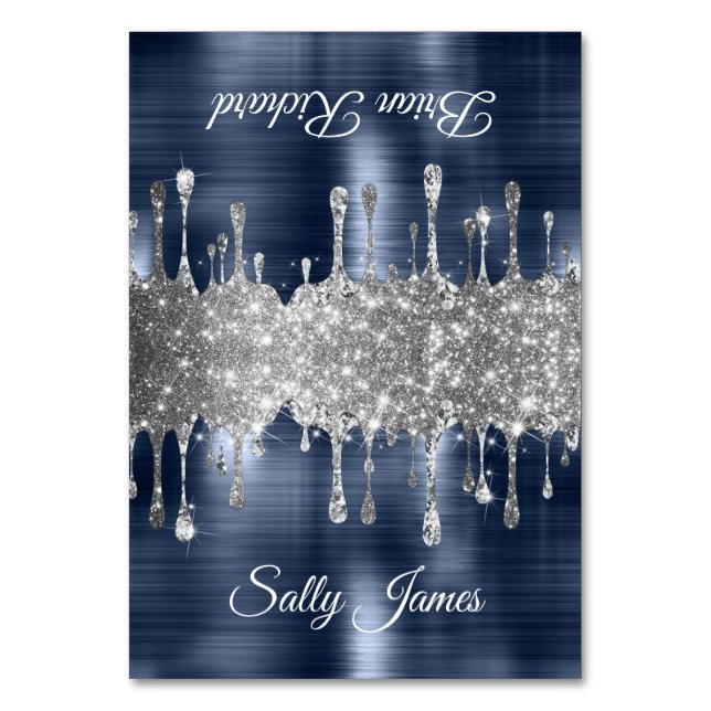 Glittery Navy Silver Drips Two Name Place Cards (Front)