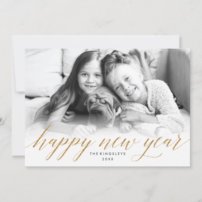 Glittery New Year Photo Card in Faux Gold Glitter (Front)