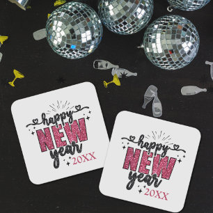 Glittery New Year's Eve Party Square Paper Coaster
