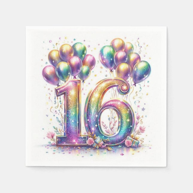 Glittery Number 16 with Balloons and Confetti Napkin (Front)