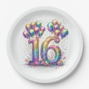 Glittery Number 16 with Balloons and Confetti Paper Plate