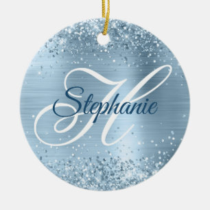 Glittery Pale Blue Foil Fancy Monogram Ceramic Tree Decoration
