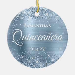 Glittery Pale Blue Quinceañera Photo Ceramic Tree Decoration