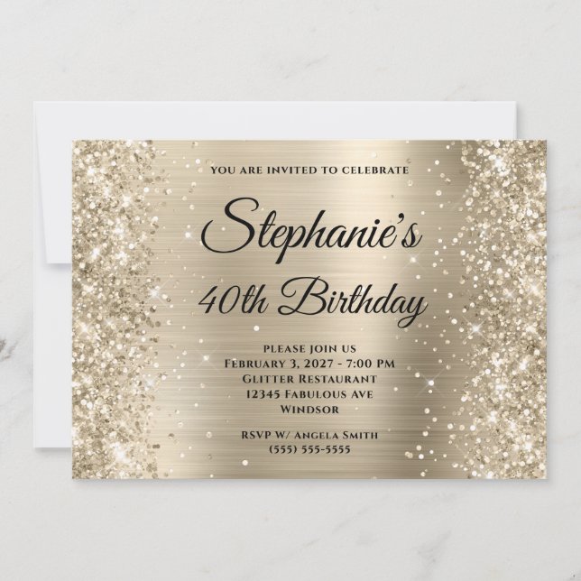 Glittery Pale Gold Fancy Monogram 40th Birthday Invitation (Front)