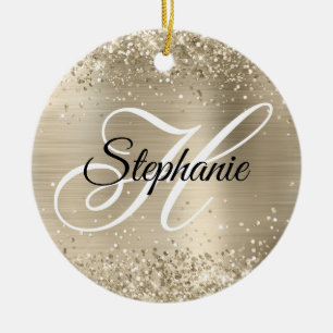 Glittery Pale Gold Foil Fancy Monogram Ceramic Tree Decoration