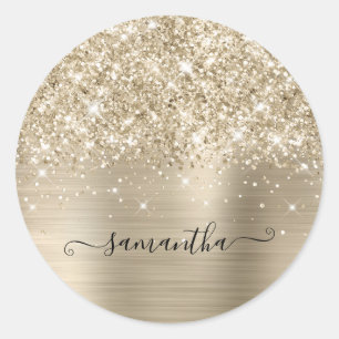 Glittery Pale Gold Girly Signature Calligraphy Classic Round Sticker