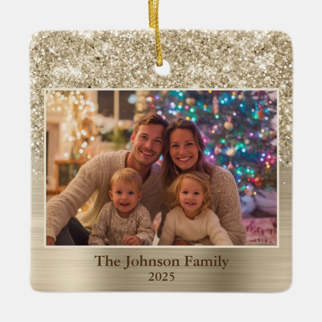 Glittery Pale Gold Glam Family Photo Ceramic Ornament (Front)