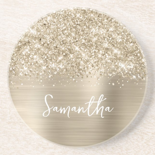 Glittery Pale Gold Glam Name Coaster (Front)