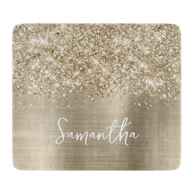Glittery Pale Gold Glam Name Cutting Board (Front)
