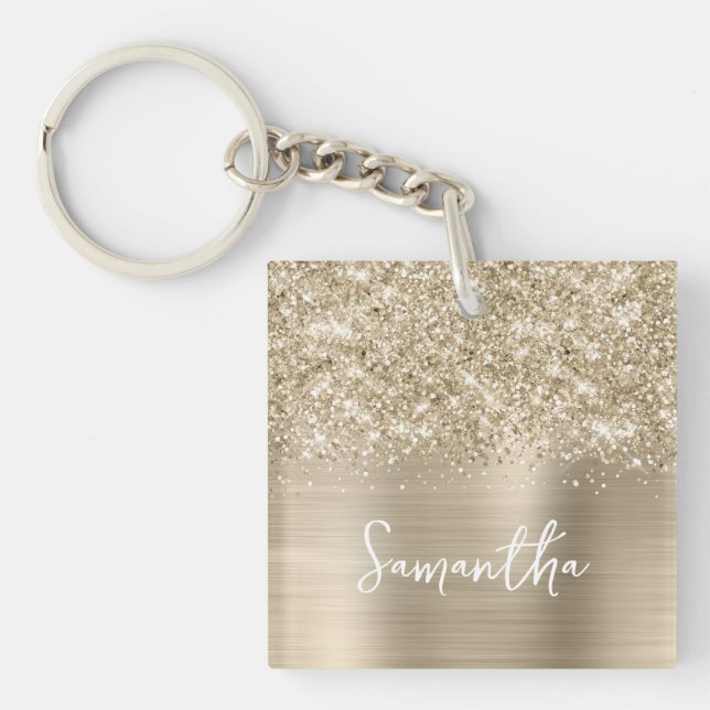 Glittery Pale Gold Glam Name Photo Key Ring (Front)