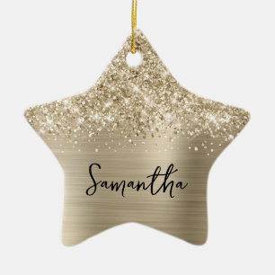 Glittery Pale Gold Glam Name Star Ceramic Tree Decoration
