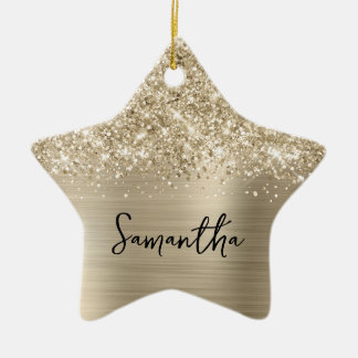 Glittery Pale Gold Glam Name Star Ceramic Tree Decoration