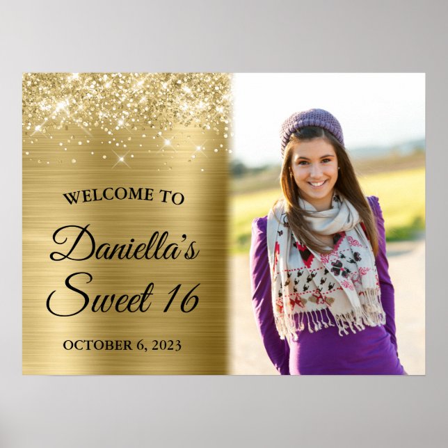 Glittery Pale Gold Glam Soft Edge Photo Sweet 16 Poster (Front)