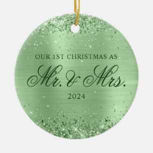 Glittery Pale Green Foil Our 1st Christmas Photo Ceramic Tree Decoration