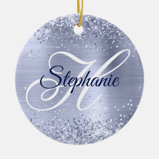 Glittery Pale Metallic Periwinkle Fancy Monogram Ceramic Tree Decoration (Front)