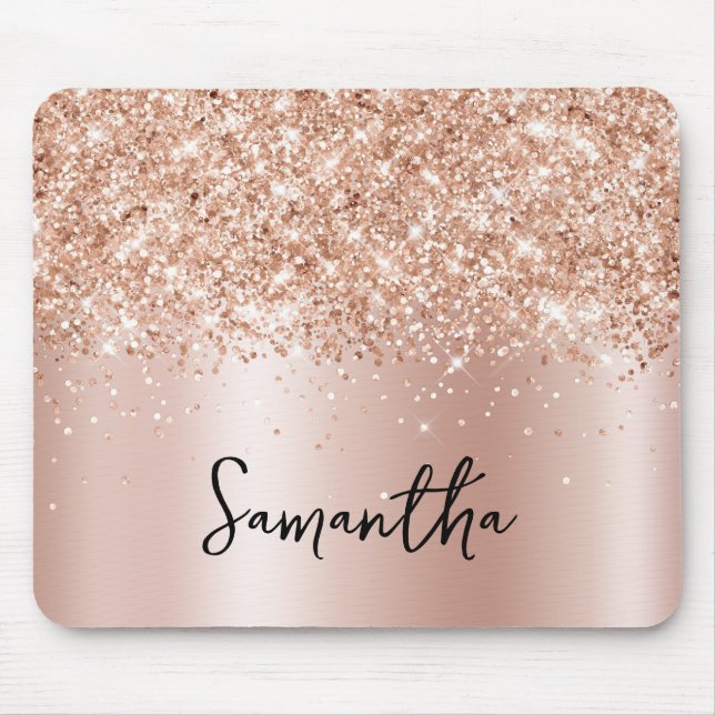 Glittery Pale Rose Gold Shimmer Name Mouse Mat (Front)