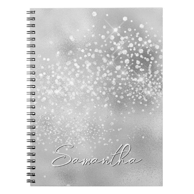 Glittery Pale Silver White Signature Notebook (Front)