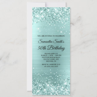 Glittery Pale Turquoise Foil 50th Birthday Invitation