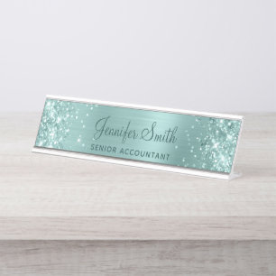 Glittery Pale Turquoise Foil Desk Name Plate