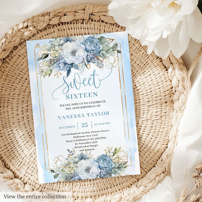 Glittery Pastel Blue White Peonies Sweet 16 Invite (Glittery Pastel Blue White Peonies Sweet 16 Invitation)