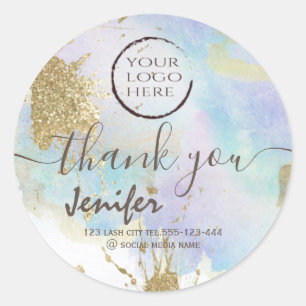 Glittery pastel watercolor  logo script thank you  classic round sticker