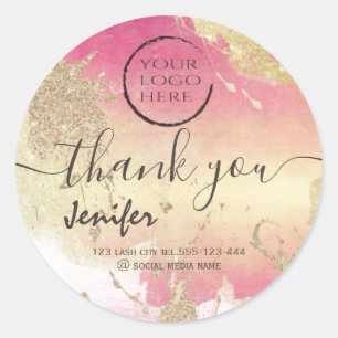 Glittery pastel watercolor logo script thank you classic round sticker