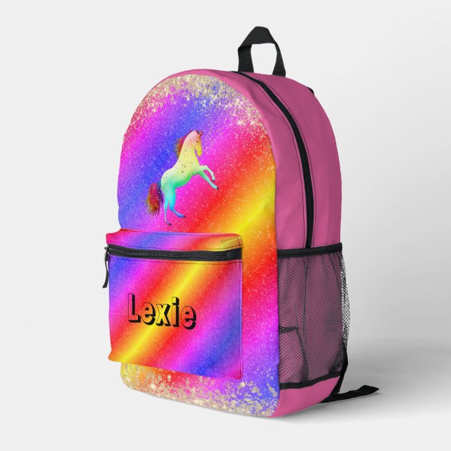 Glittery Pastels Rainbow Unicorn Personalised Printed Backpack (Back Corner Right)