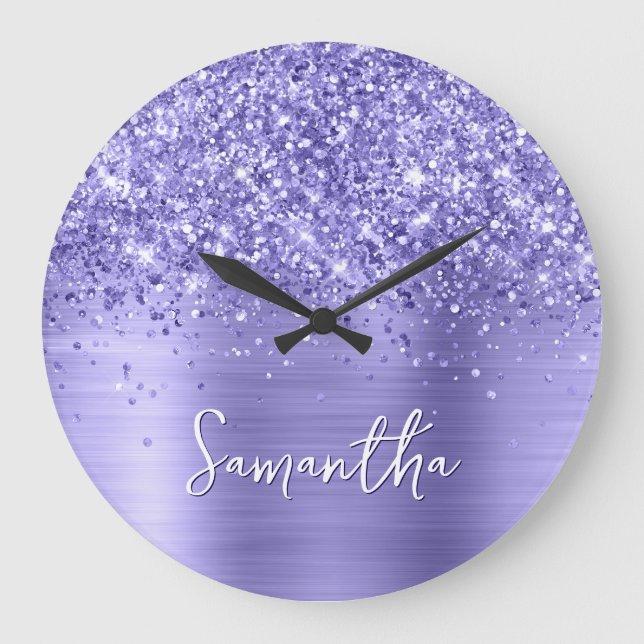 Glittery Periwinkle Foil Name Large Clock (Front)