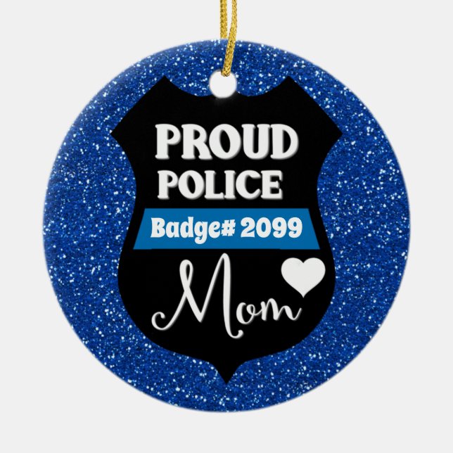Glittery Personalised Proud Police Mum Badge Ceramic Tree Decoration (Front)