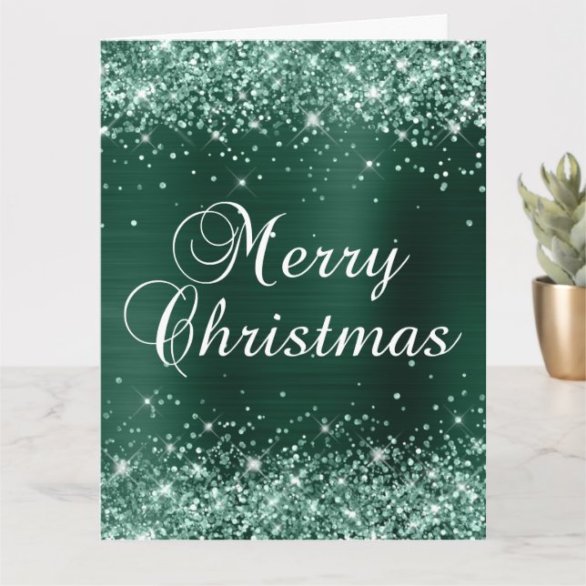 Glittery Pine Green Foil Big Merry Christmas Card (Small Plant)