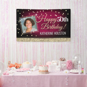 Glittery Pink and Gold Happy Birthday Banner