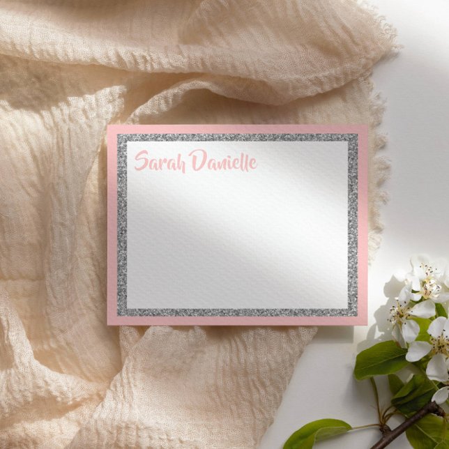 Glittery Pink and Silver Thank You Flat Card (Creator Uploaded)