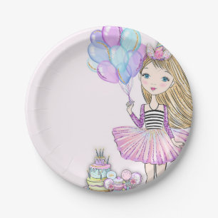 Glittery Pink Birthday Blonde Girl Unicorn Paper Plate