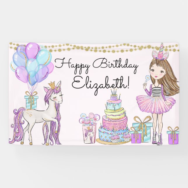 Glittery Pink Birthday Girl Unicorn Glam Banner (Horizontal)
