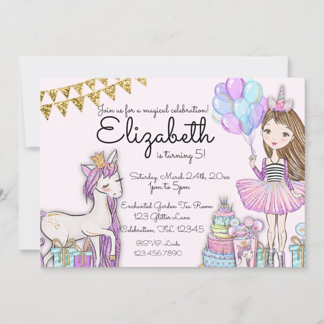 Glittery Pink Birthday Girl Unicorn Invitation (Front)