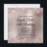 Glittery Pink Champagne Faux Foil 80th Birthday Invitation<br><div class="desc">A glamorous fancy monogrammed 80th or 85th birthday invitation for her. Faux shiny silvery pink champagne glitter with sparkles against a faux brushed metal foil graphic image. The fancy black and white calligraphy name and monogram can be customized or deleted. All the sparkly and shiny elements in this modern girly...</div>