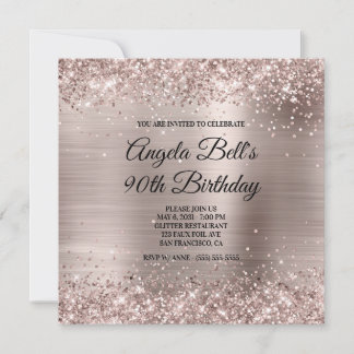 Glittery Pink Champagne Faux Foil 90th Birthday Invitation