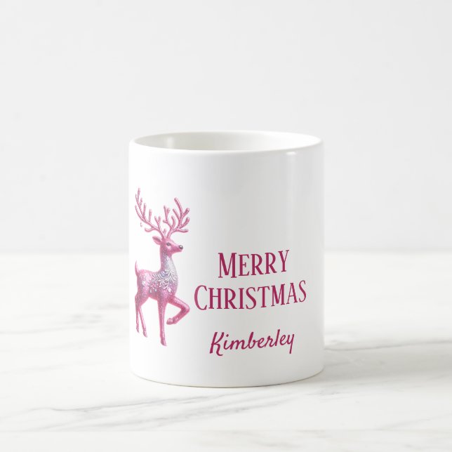 Glittery Pink Deer Merry Christmas Name Mug (Center)