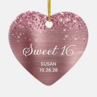 Glittery Pink Foil Sweet 16 Photo Ceramic Tree Decoration