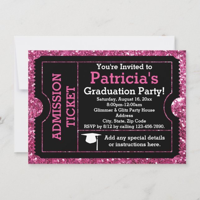Glittery Pink Graduation Party Ticket Invitation (Front)