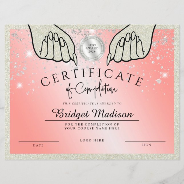 Glittery Pink Nail Certificate of Completion (Front)