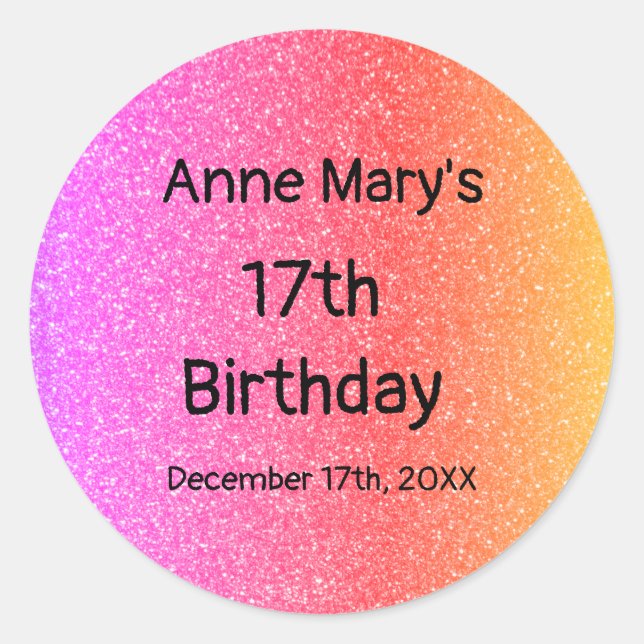 Glittery Pink Orange 17th Birthday Custom Age 2024 Classic Round Sticker (Front)