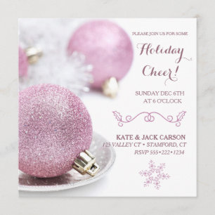 Glittery Pink Ornaments Modern Christmas Invitation