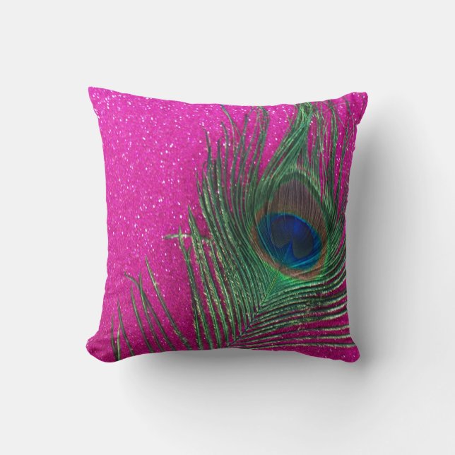Glittery Pink Peacock Feather Still Life Cushion (Front)